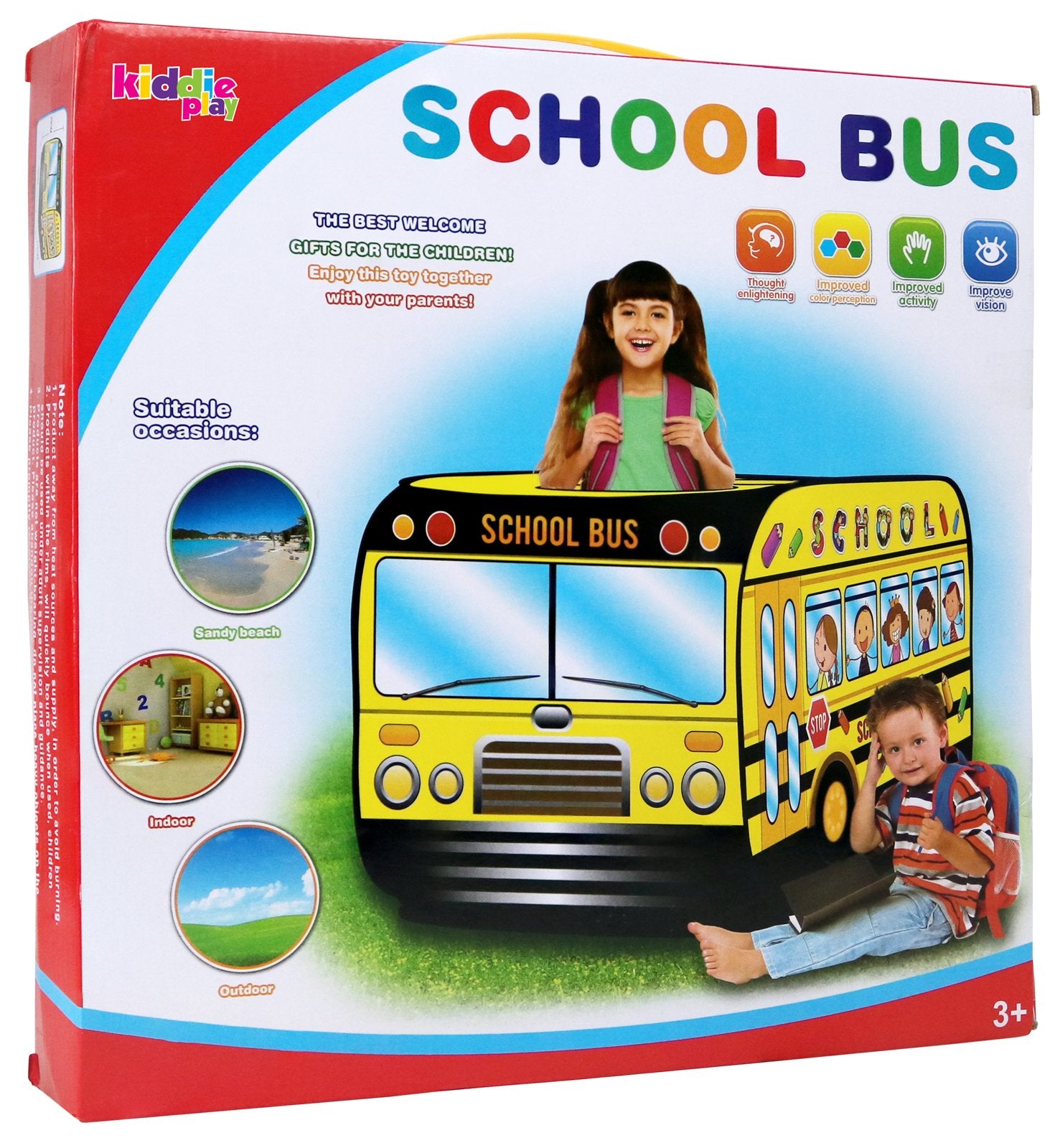 Kiddie Play school bus pop-up tent interior supports two children at once.