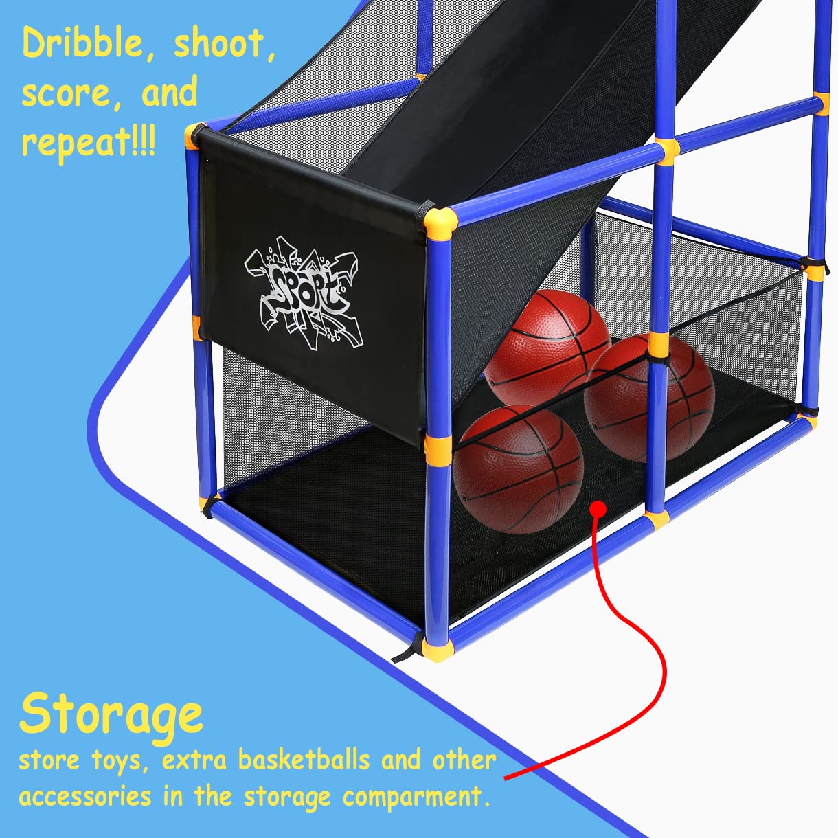 Kiddie Play mesh storage basket keeps balls neatly organized after play.