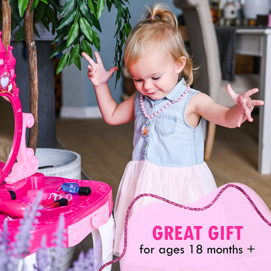 Kiddie Play Vanity Table and Stool set encourages imaginative play and easy grooming routines