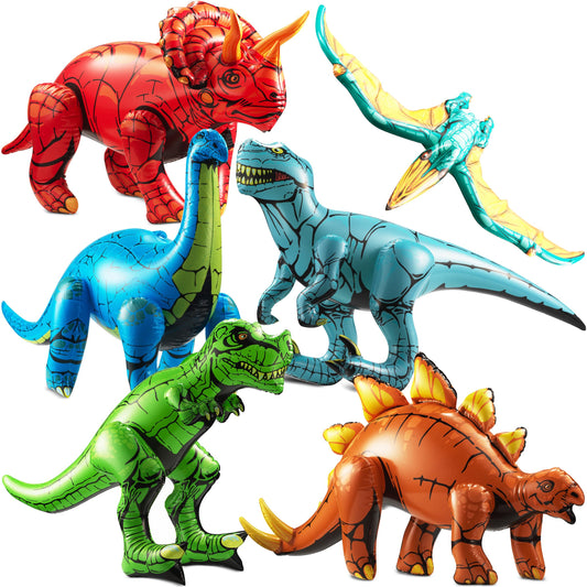 KiddieLoot six-dino inflatable set adds bold color to party decor and play.