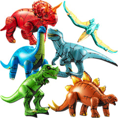 KiddieLoot six-dino inflatable set adds bold color to party decor and play.