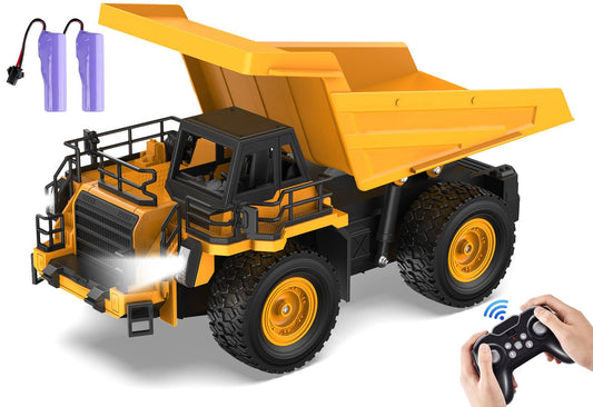 KIDDITOY 9-channel RC dump truck with realistic lights and sounds for immersive play.
