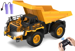 KIDDITOY 9-channel RC dump truck with realistic lights and sounds for immersive play.