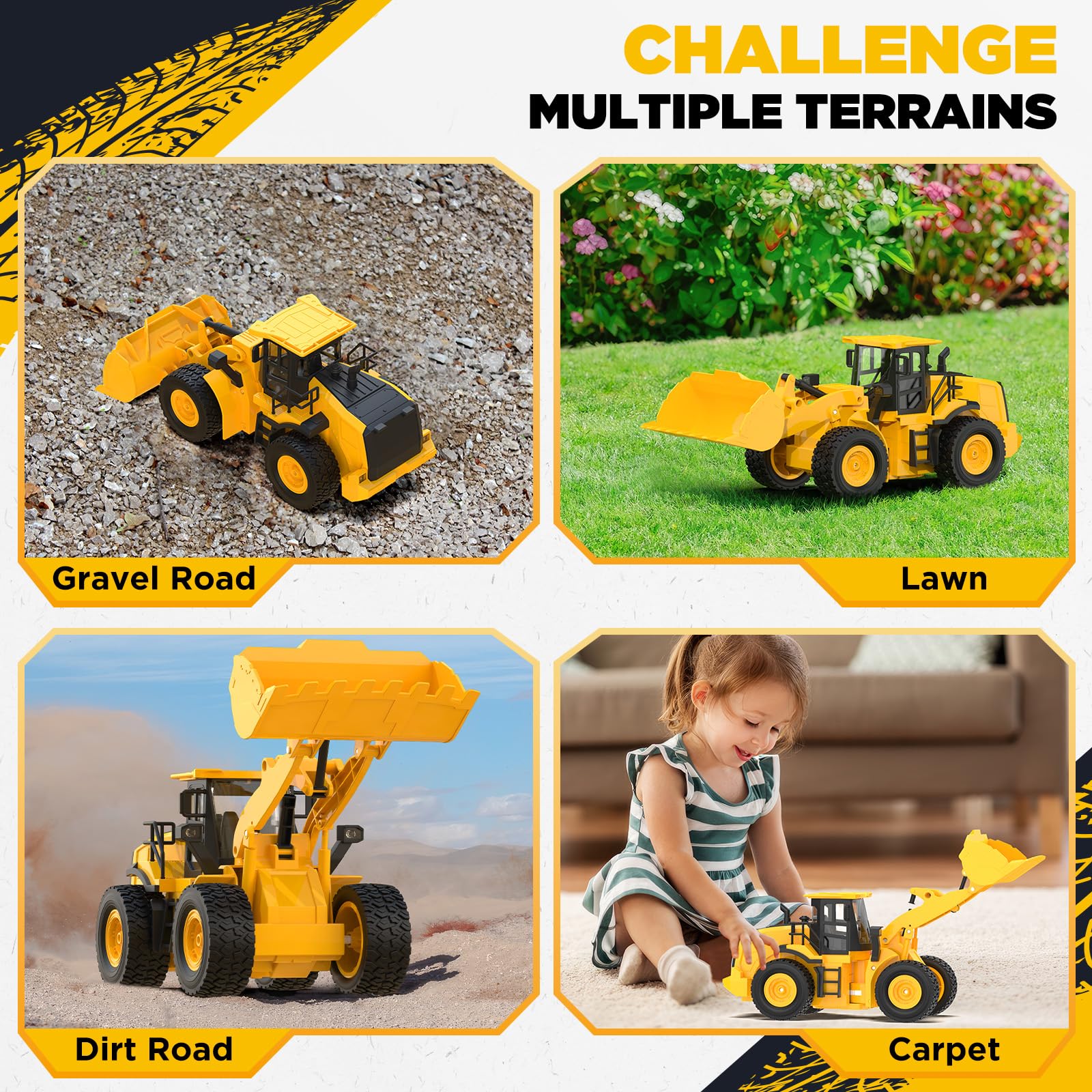 KIDDITOY all-terrain tires on rugged surface for grip