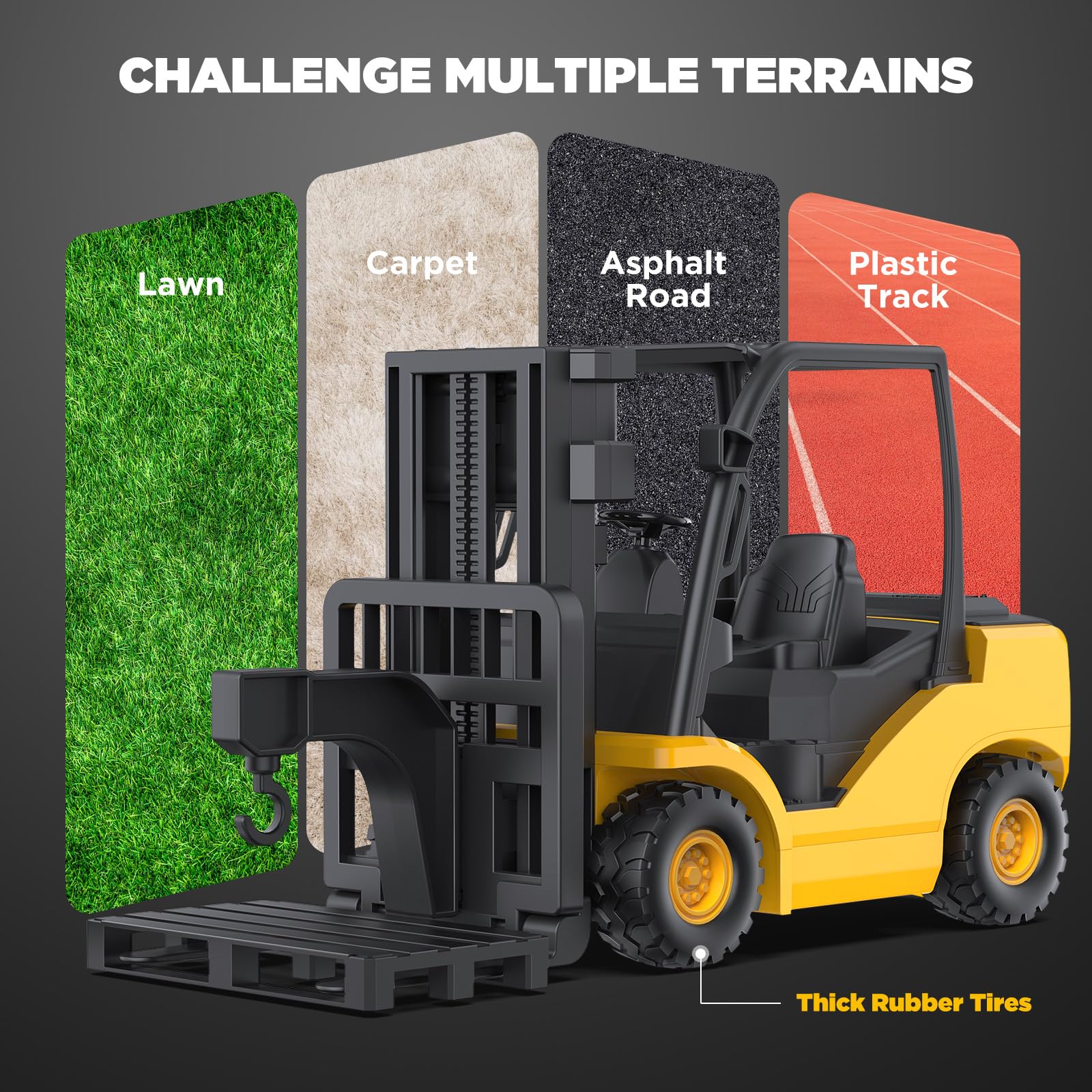 KIDDITOY forklift on-terrain performance supports indoor and outdoor play.