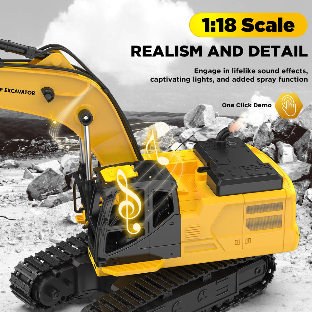 Kidditoy 1:18 RC excavator with lights and sounds enhances immersion