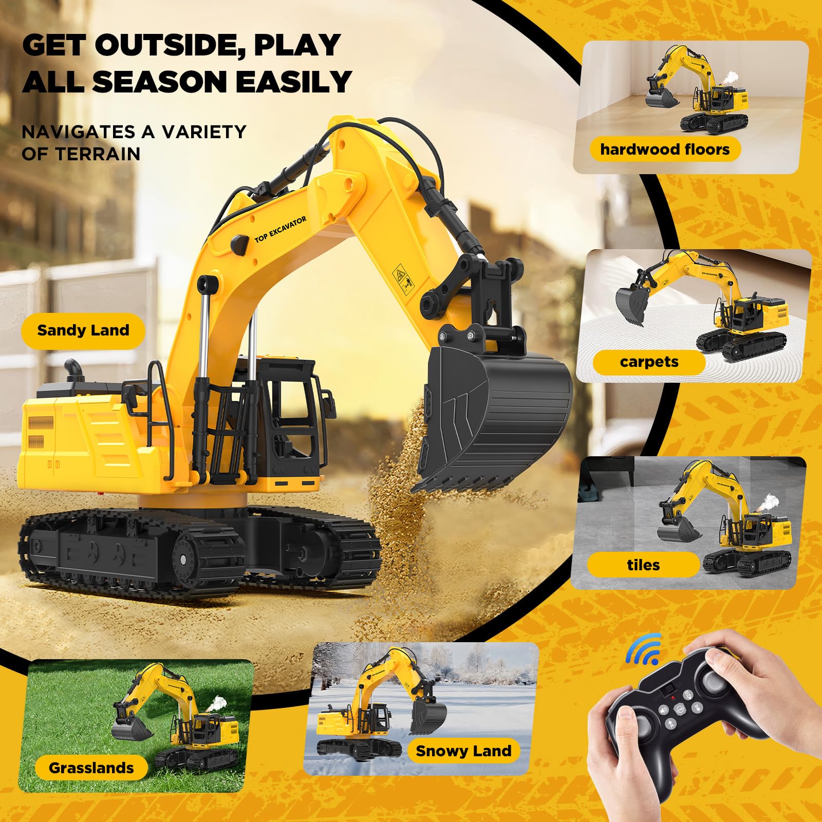Kidditoy rubber-tracks maintain grip on sand, dirt, and carpet