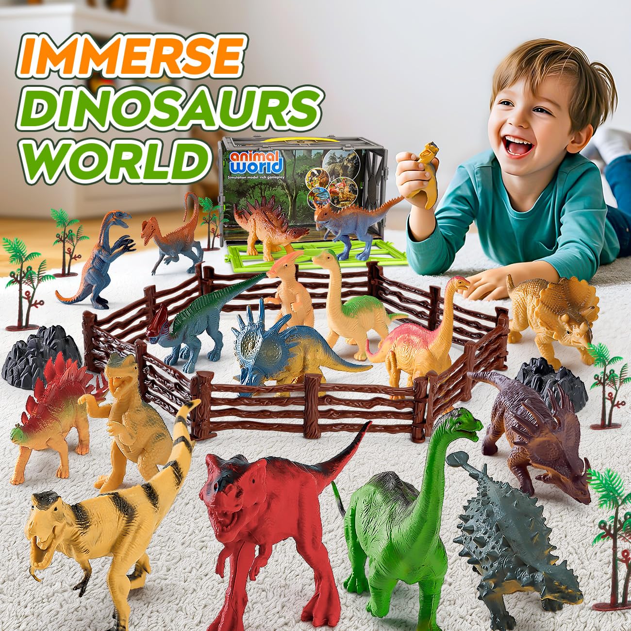 Kiddiworld storage box keeps the dinosaur figures organized and portable.