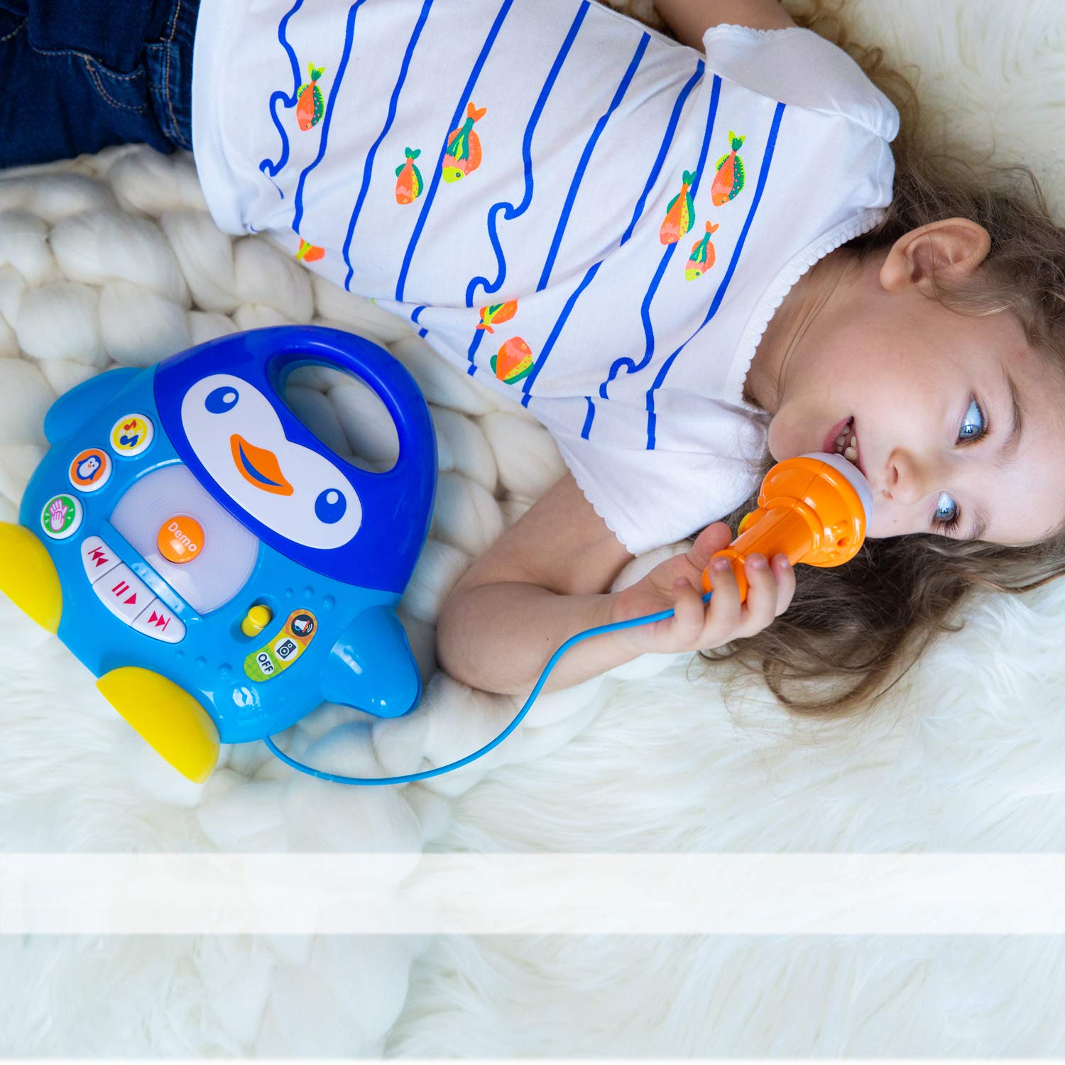 KiddoLab Penguin Karaoke Buddy colorful LED lights pulse with music.