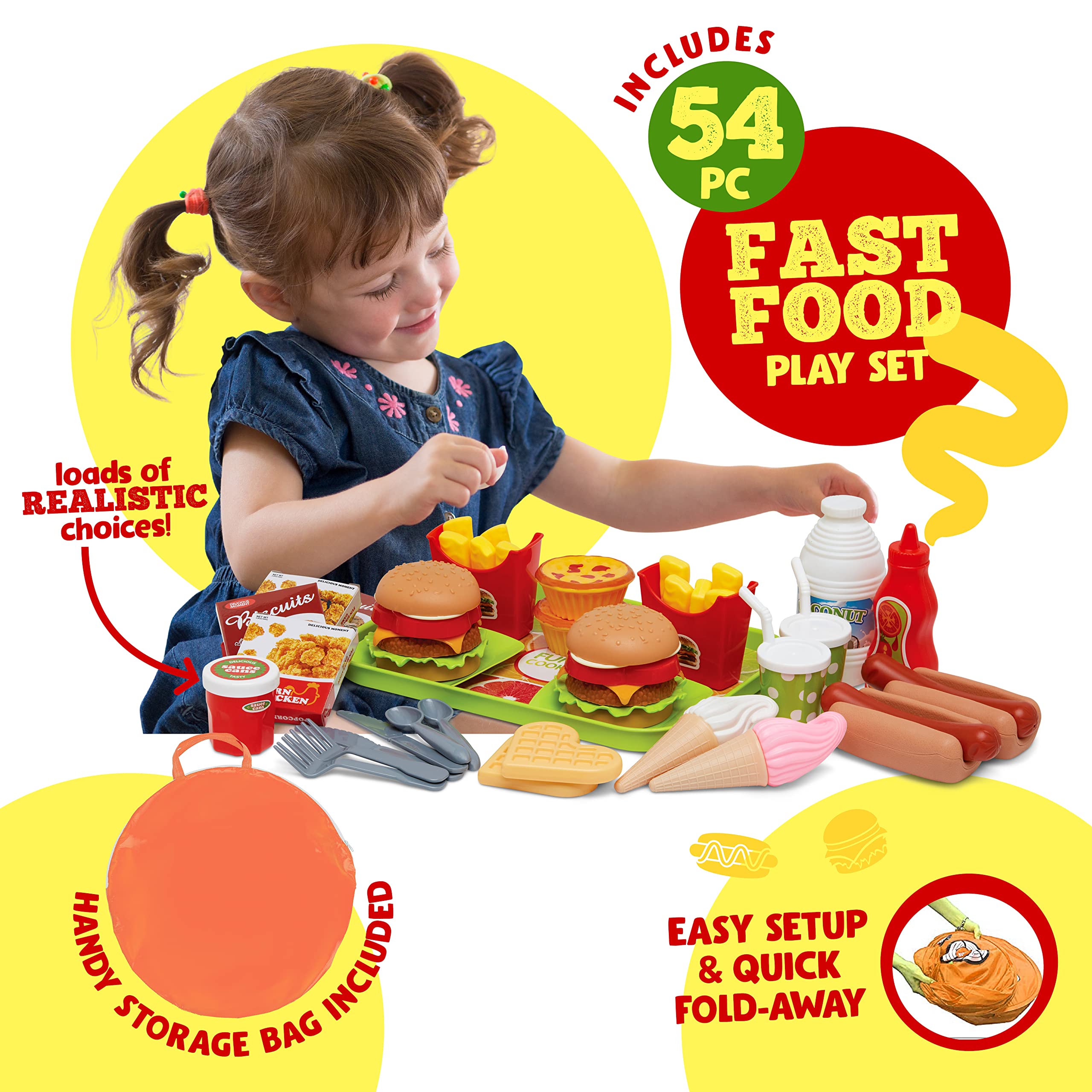 Kiddzery 54-piece food set showcases colorful pretend meals for imaginative cooking sessions.