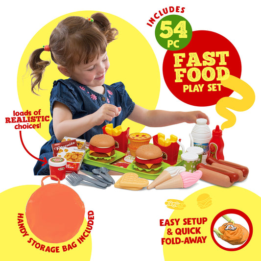 Kiddzery 54-piece food set showcases colorful pretend meals for imaginative cooking sessions.