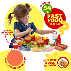 Kiddzery 54-piece food set showcases colorful pretend meals for imaginative cooking sessions.