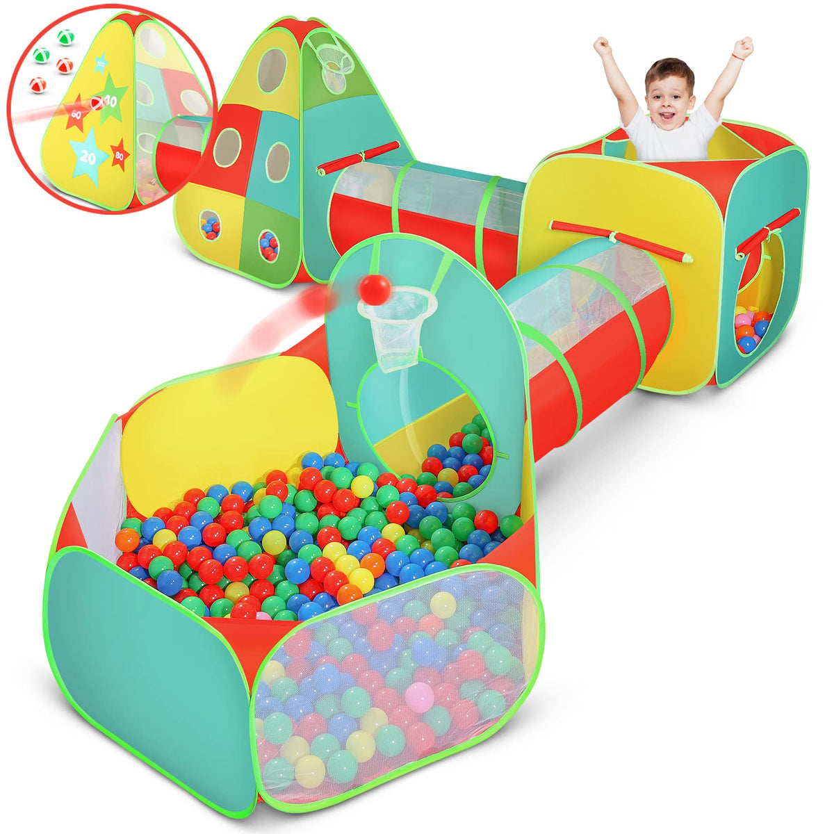 Kiddzery 5pc play tent with ball pit and crawl tunnel for imaginative play and motor skills.