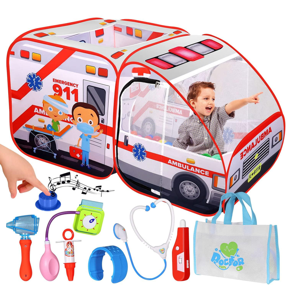 Kiddzery ambulance pop-up tent front view for imaginative play indoors or outdoors