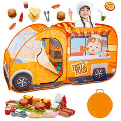 Kiddzery Food Truck Play Tent setup supports portable pretend play at home or park.