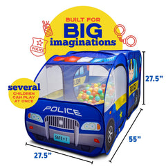 Kiddzery police car tent offers a ball pit for group pretend play.