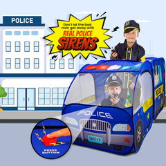 Kiddzery police car pop up tent folds quickly for easy setup and storage.