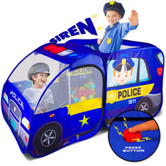 Kiddzery police car tent with siren button for imaginative play indoors and outdoors.