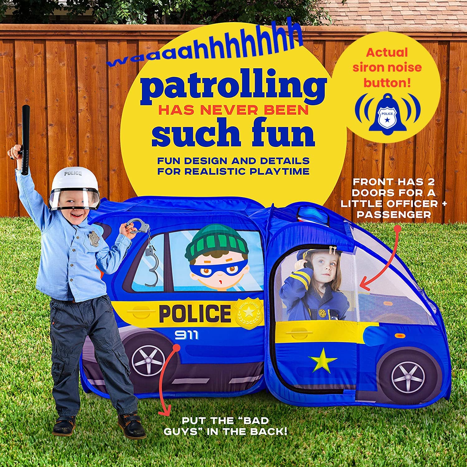 Kiddzery police car tent sound button activates six sirens for interactive play.