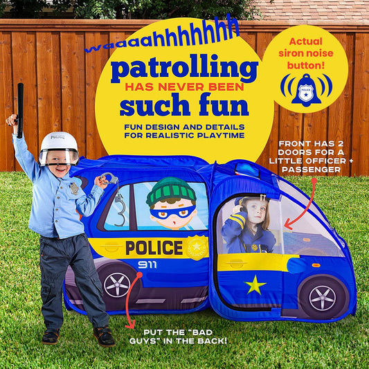 Kiddzery police car tent sound button activates six sirens for interactive play.