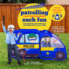 Kiddzery police car tent sound button activates six sirens for interactive play.