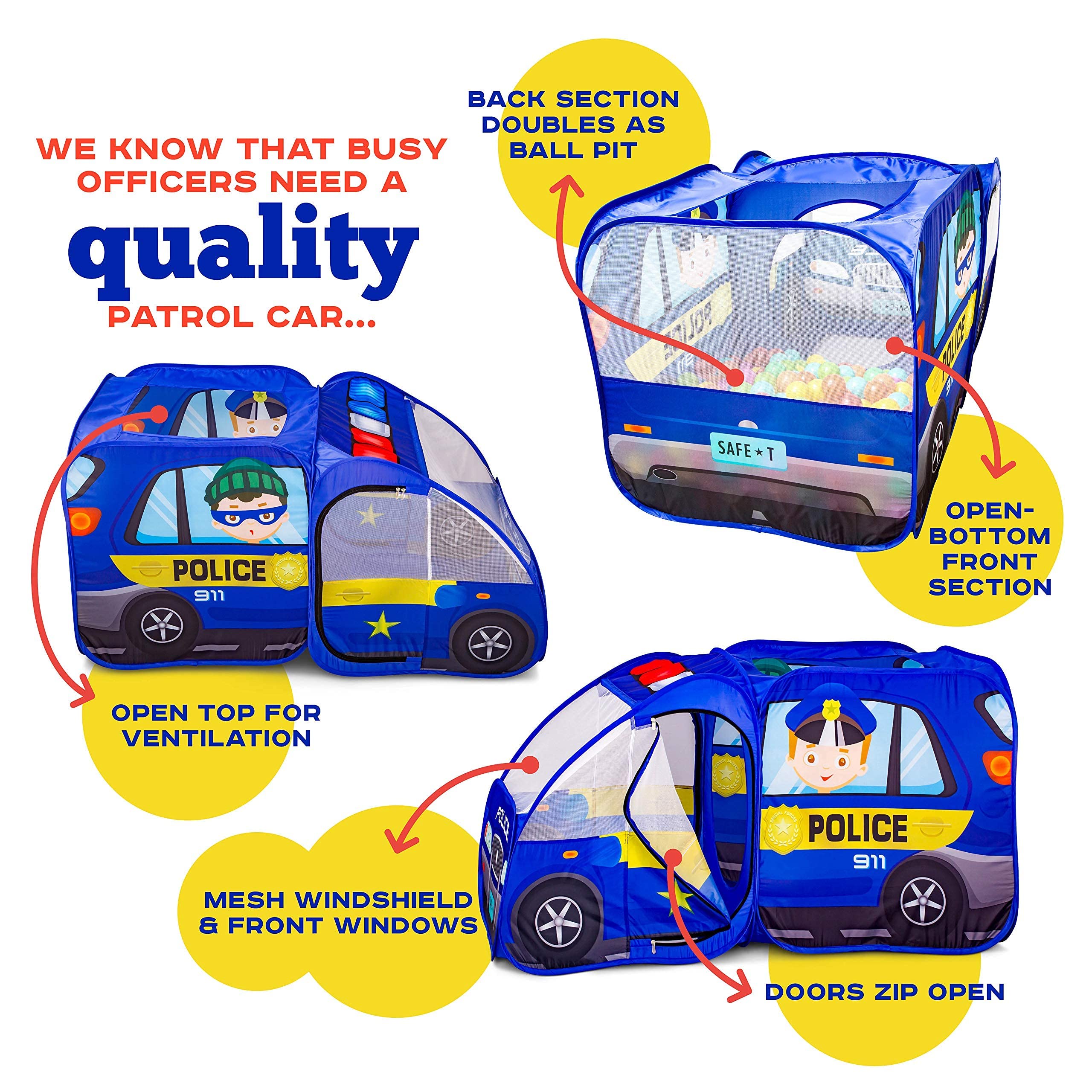 Kiddzery police car tent features emergency sounds for immersive play.