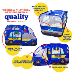 Kiddzery police car tent features emergency sounds for immersive play.