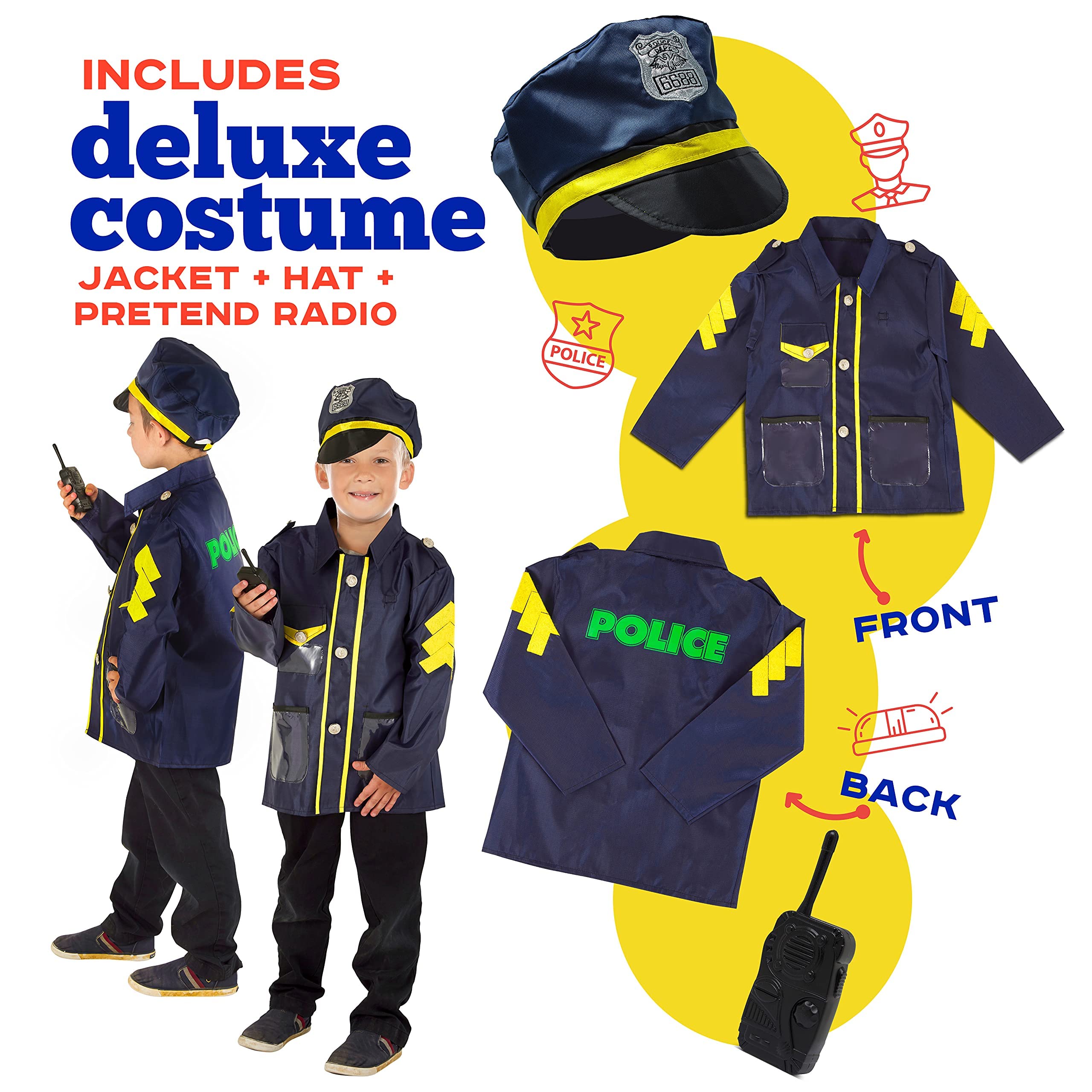 Kiddzery policeman costume adds realistic role-play for kids' adventures.
