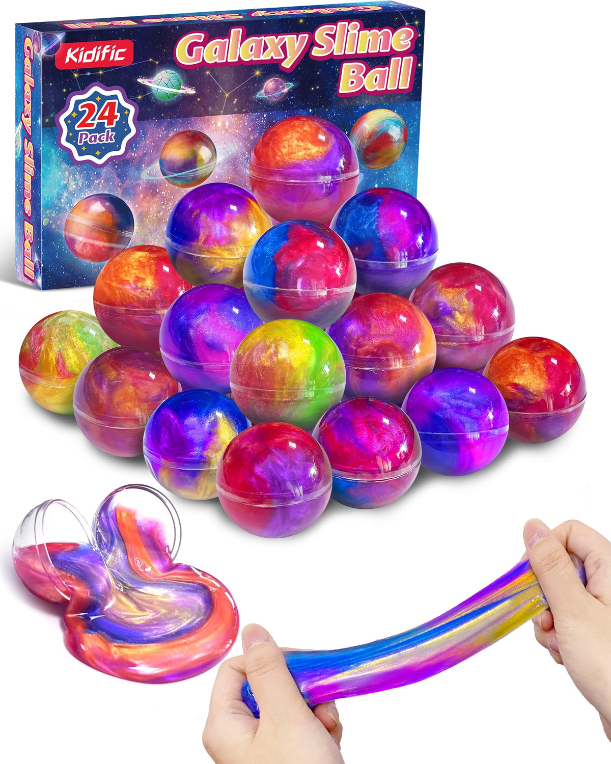 Kidific Galaxy Slime Ball packaging shows vibrant colors for party favors