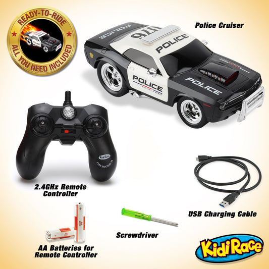 Kidirace RC police car with lights and siren for immersive pretend police missions.