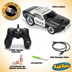 Kidirace RC police car with lights and siren for immersive pretend police missions.