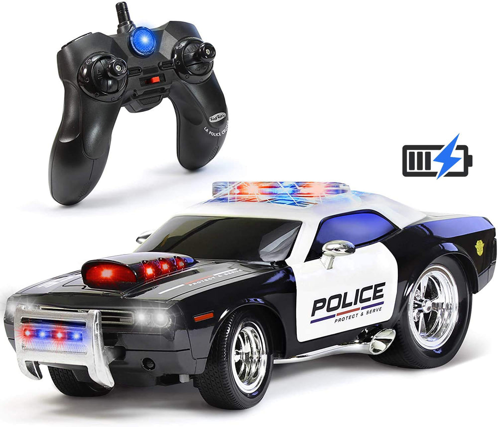 Kidirace rechargeable police car RC front view for compact, kid-friendly play and easy handling.
