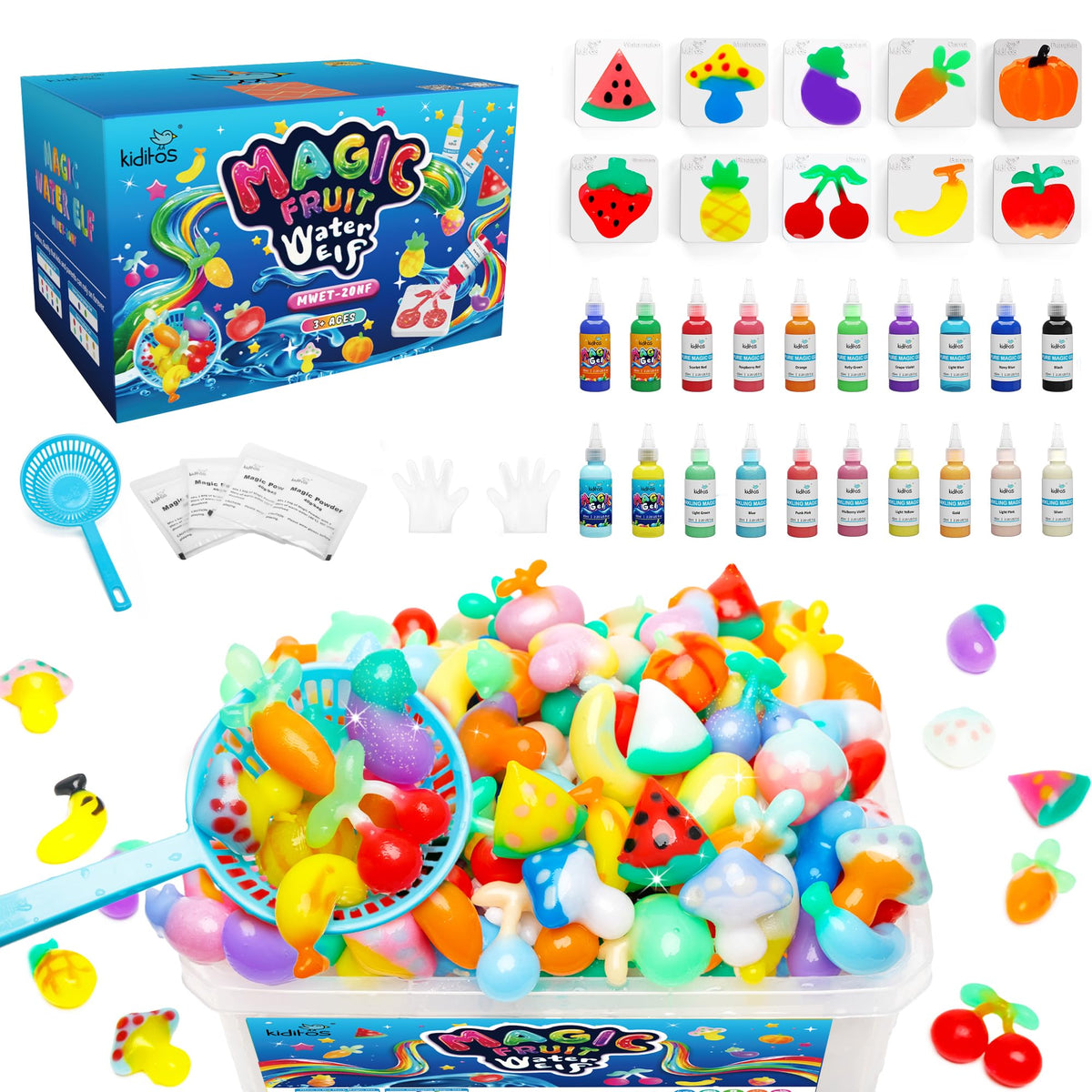 Kiditos Fruit Magic Water Elf Kit with vibrant gels and organized molds for creative play