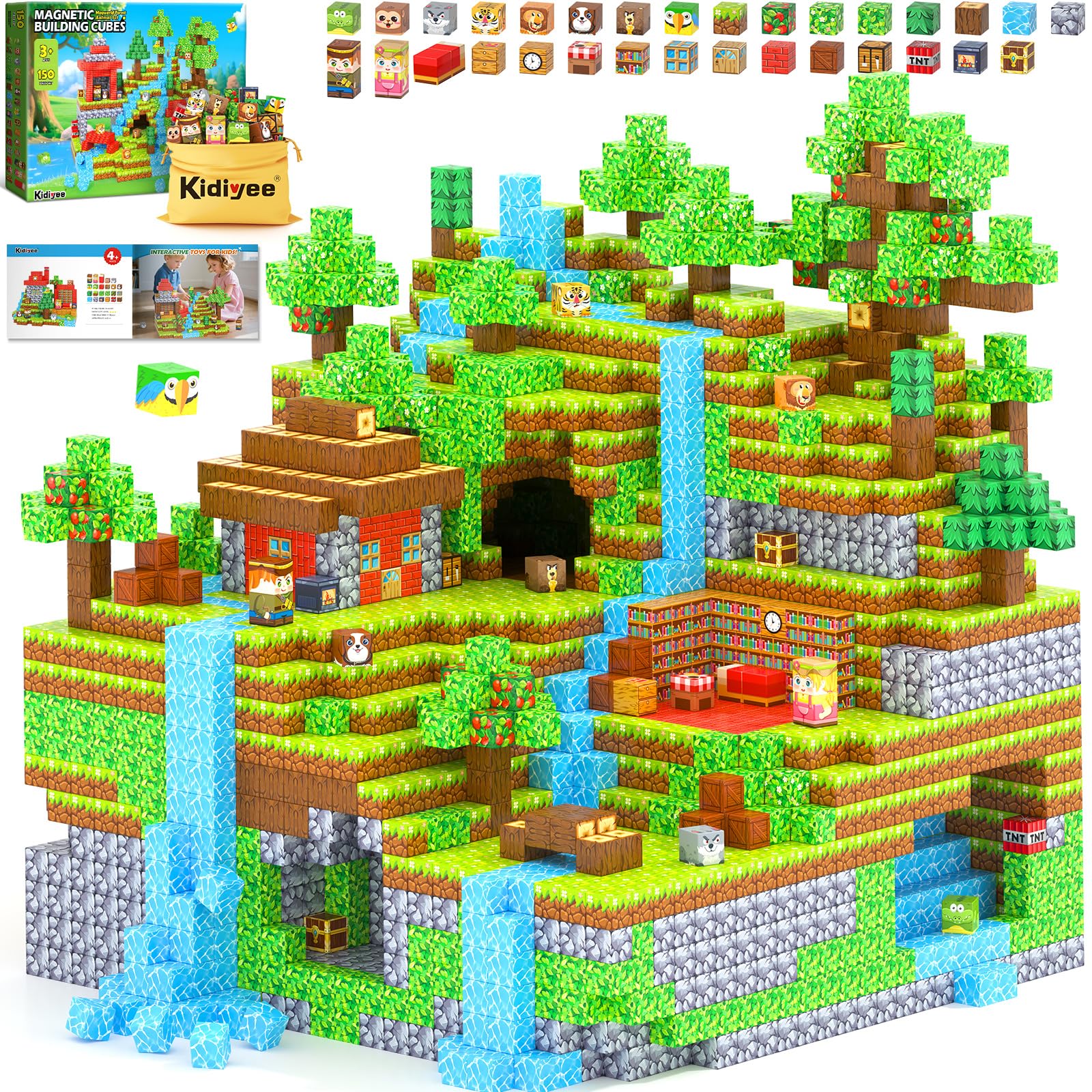Kidiyee 150pcs magnetic blocks assemble a forest world for imaginative play.