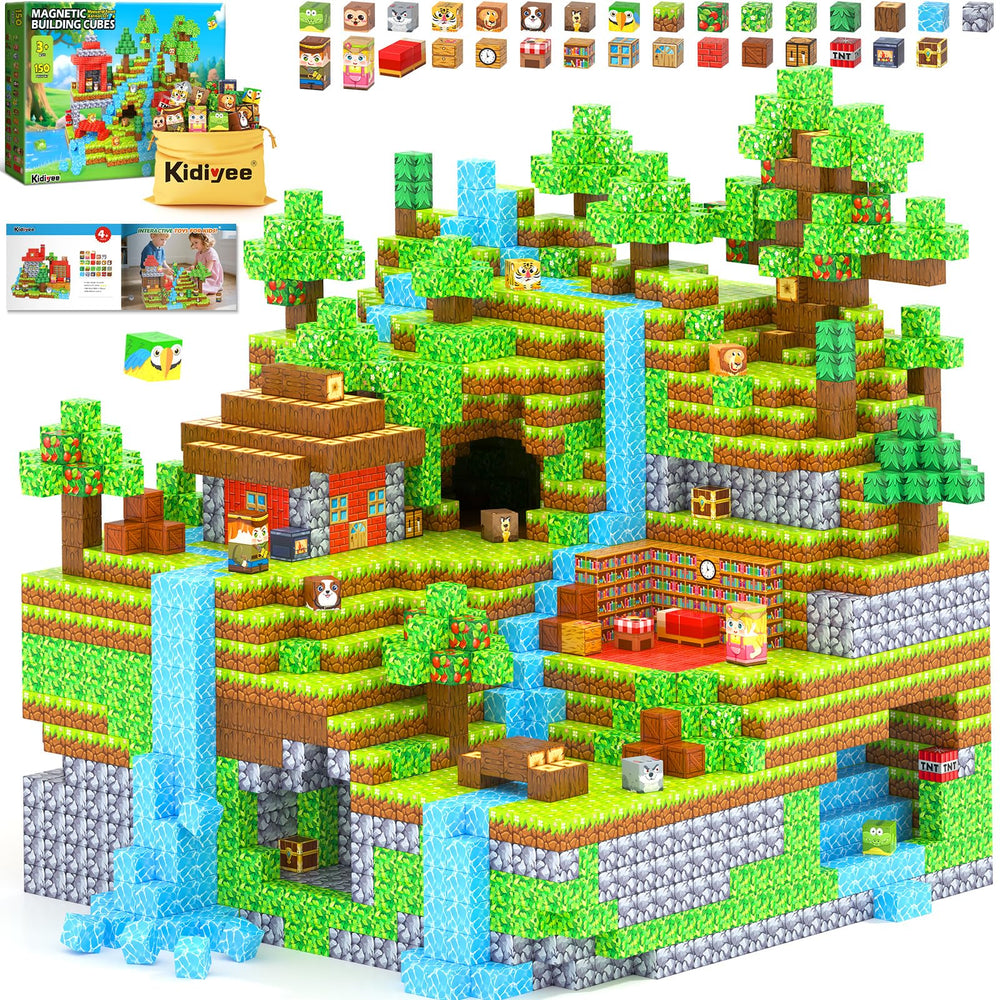 Kidiyee 150pcs magnetic blocks assemble a forest world for imaginative play.