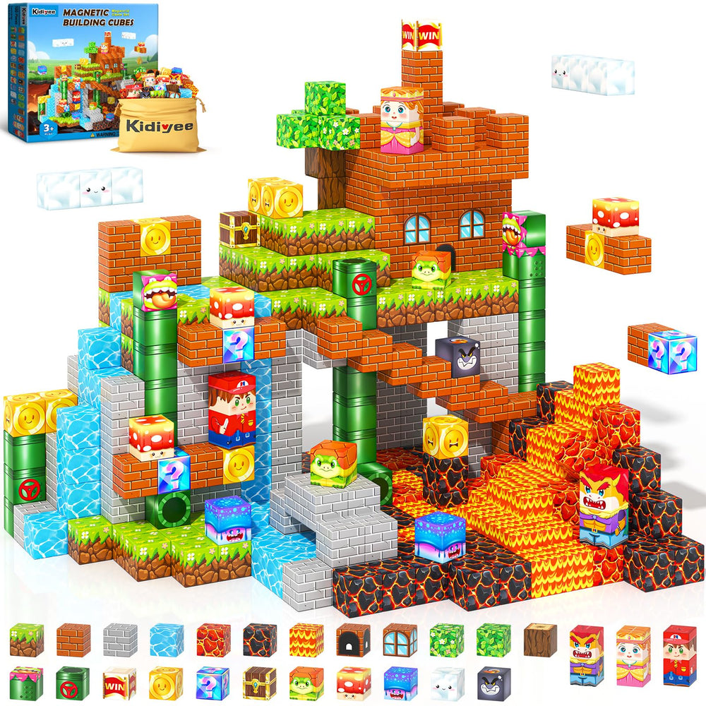 Kidiyee magnetic blocks spread on table as a child builds a colorful world.