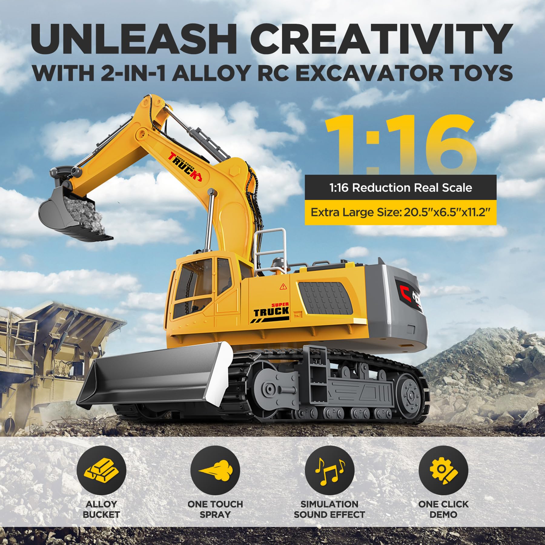 KIDMARKT Excavator with dozer blade for realistic grading and shaping tasks.