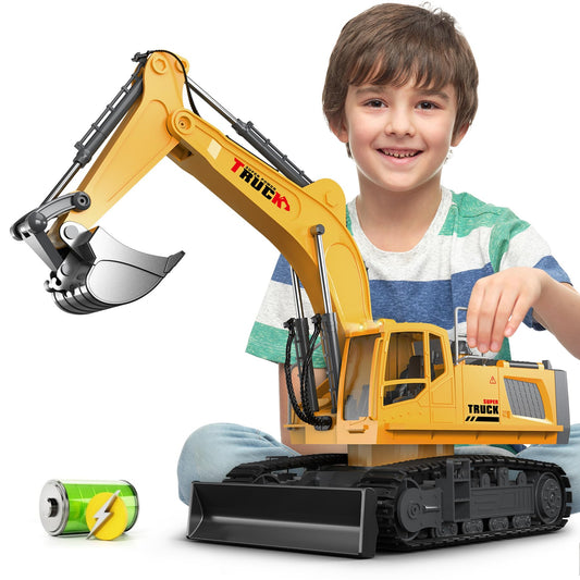 KIDMARKT 21-inch RC excavator with metal bucket for authentic construction play indoors.