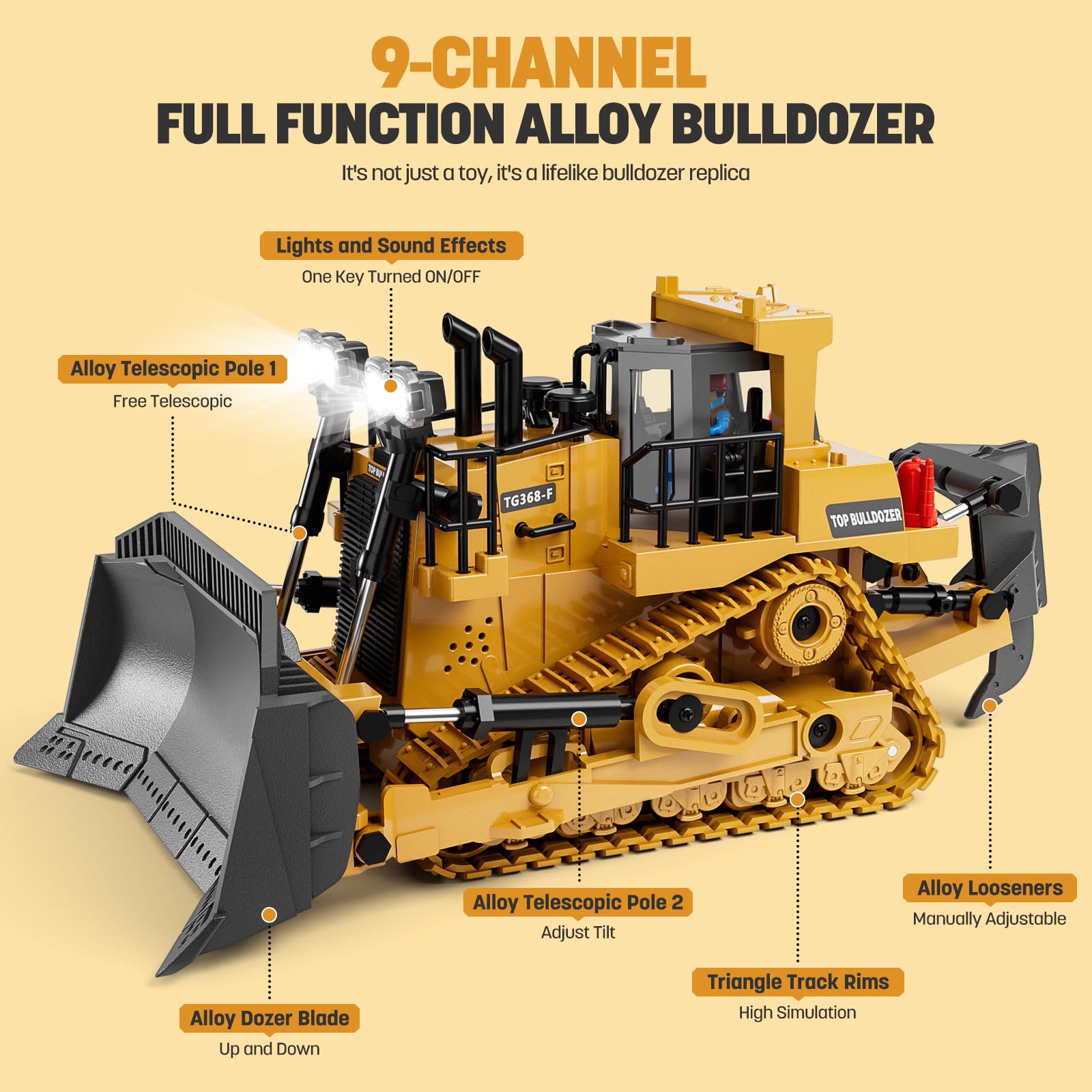 KIDMARKT metal RC bulldozer side view shows rugged tracks for outdoor use.
