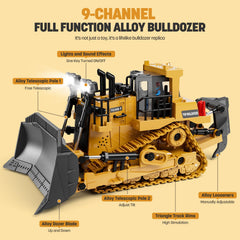 KIDMARKT metal RC bulldozer side view shows rugged tracks for outdoor use.