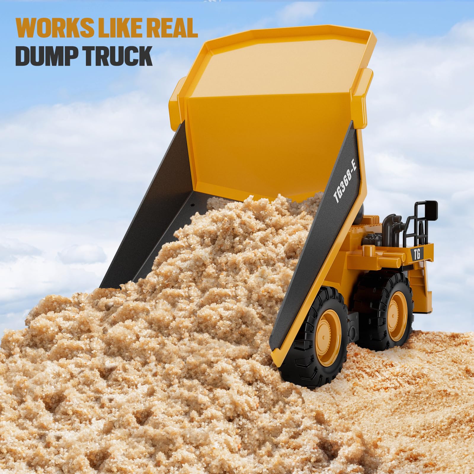 KIDMARKT RC dump truck heavy-duty tires handle diverse surfaces.