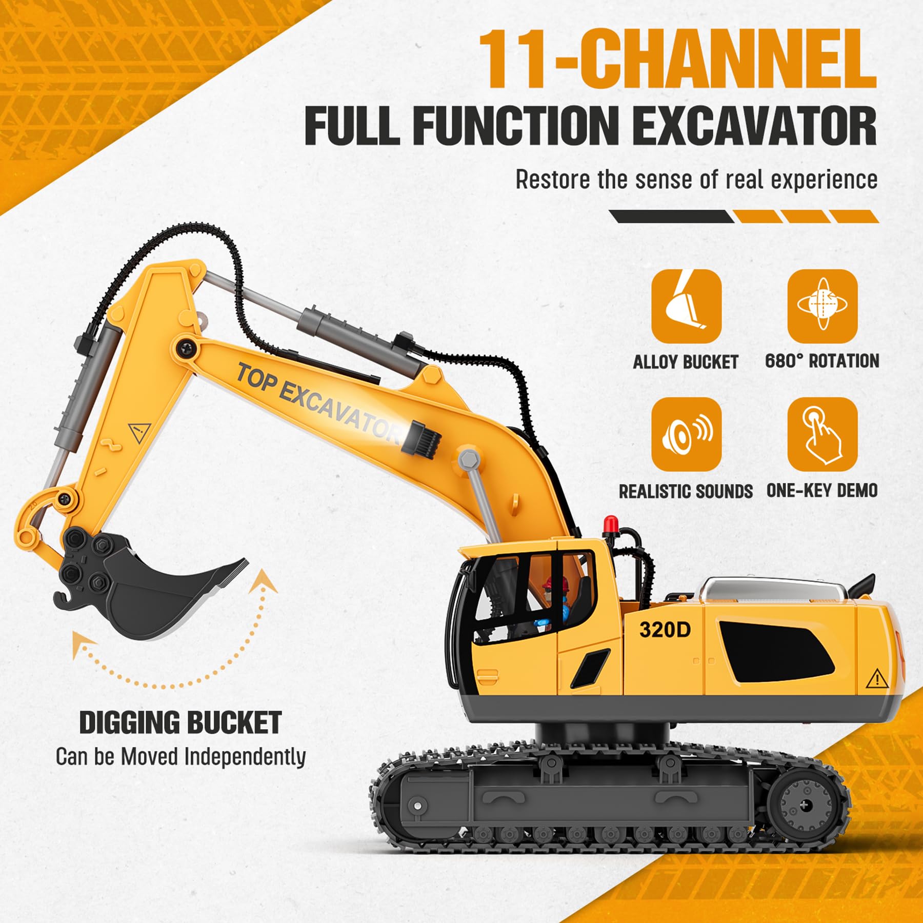KIDMARKT RC excavator 360-degree side view demonstrates full mobility for dynamic digging.