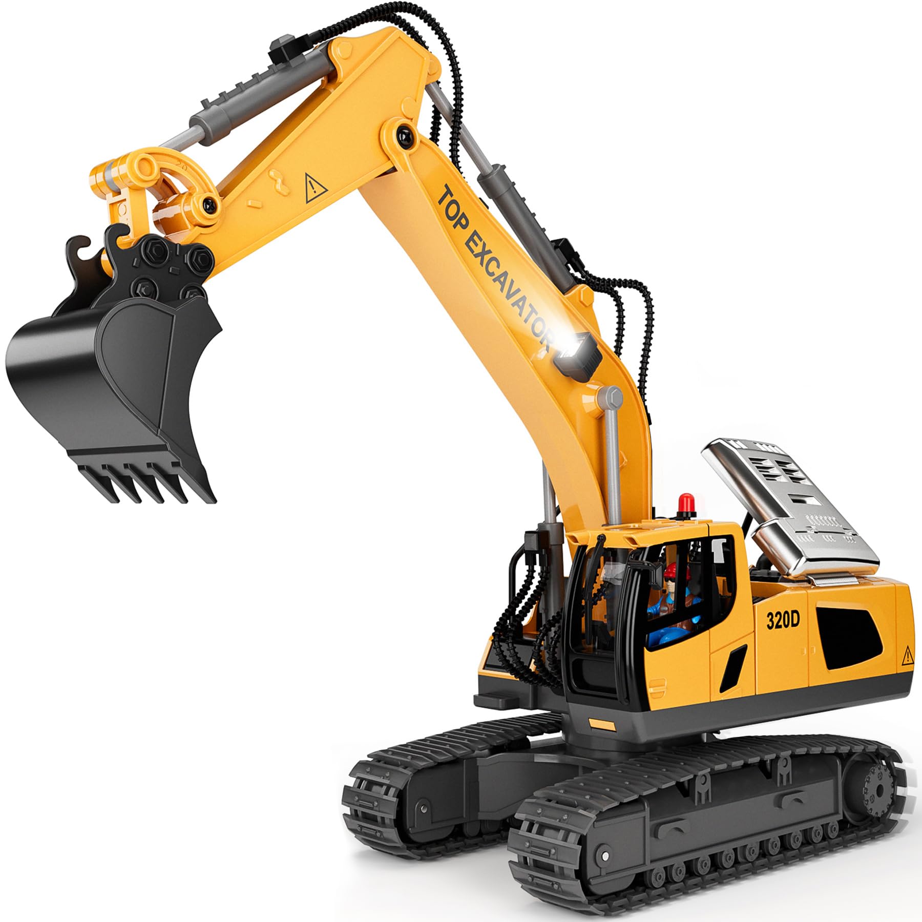 KIDMARKT RC excavator front view highlights realistic scale and durable metal build for outdoor play.