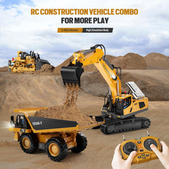 KIDMARKT RC excavator remote control close-up shows sturdy ergonomics and responsive buttons.