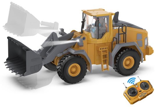 KIDMARKT metal RC wheel loader in action with 1:20 scale realism.