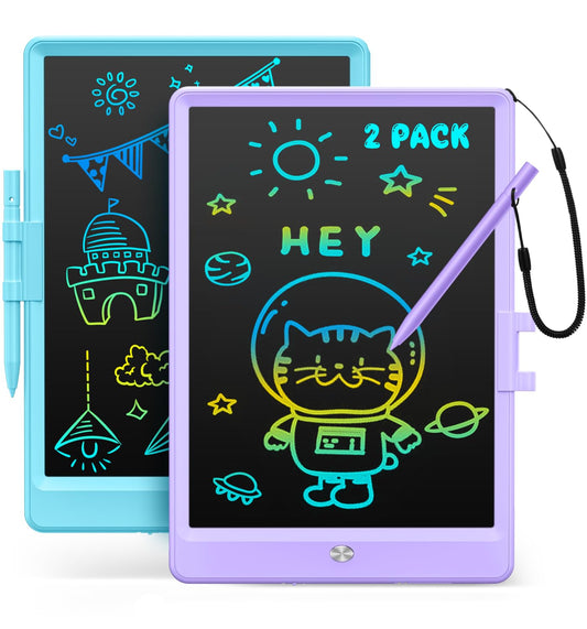 Kidopire LCD writing tablet 2-pack showing colorful doodles for kids' creativity.
