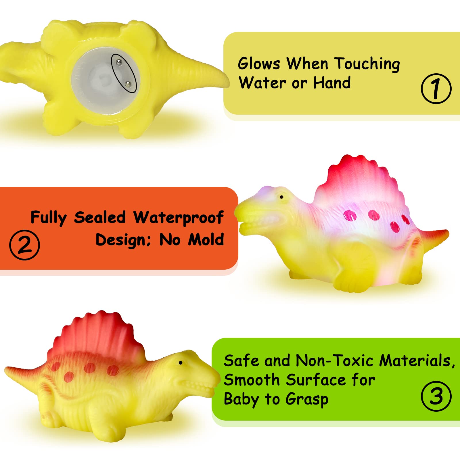 KidPapa glow-dinosaur bath toy 4 highlights color-changing lights during bath