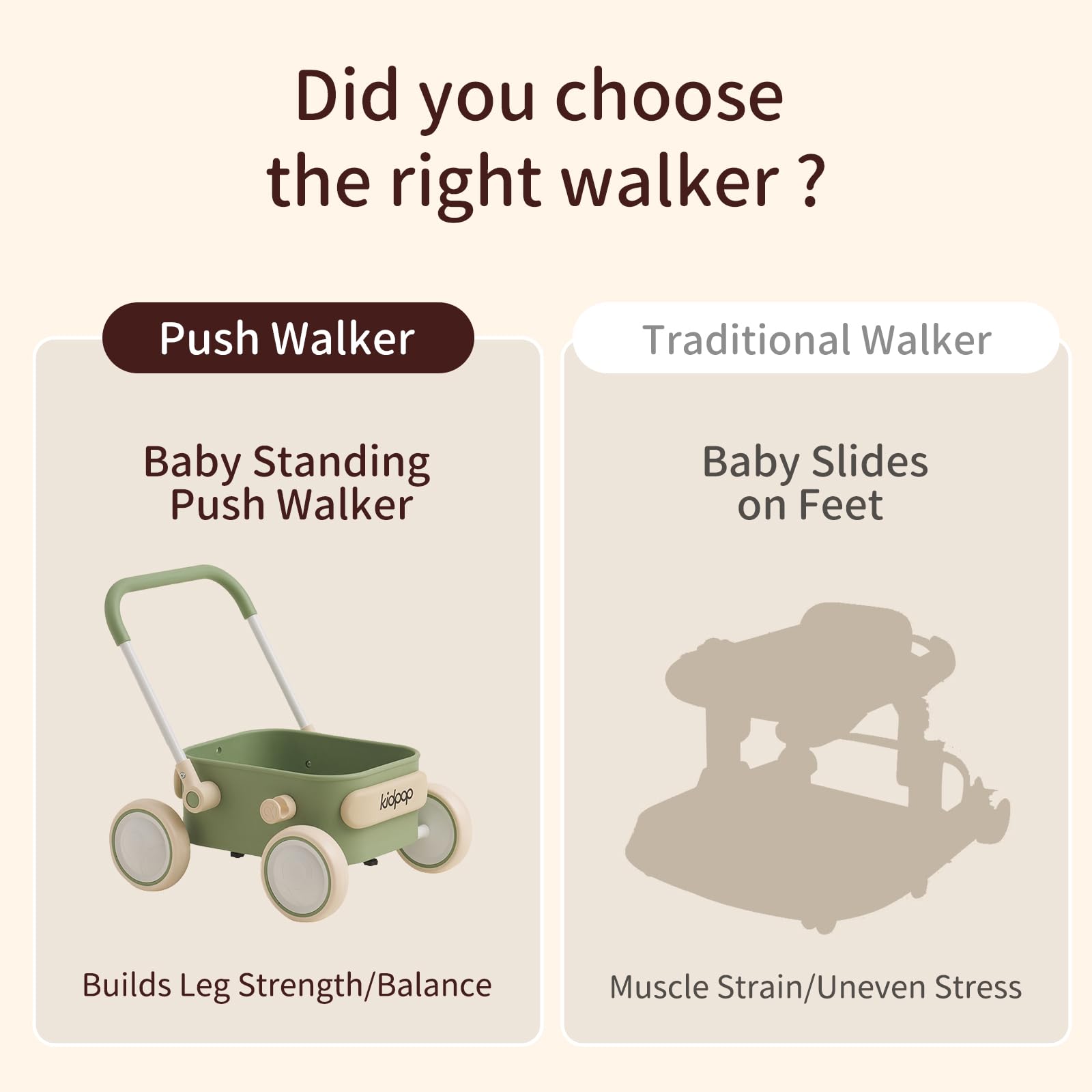 Kidpop PULA walker low-gravity design minimizes tipping during use.
