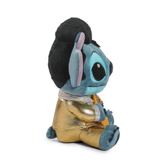 Kidrobot Disney Stitch Elvis plush, side view showing Elvis curl and gold suit details.