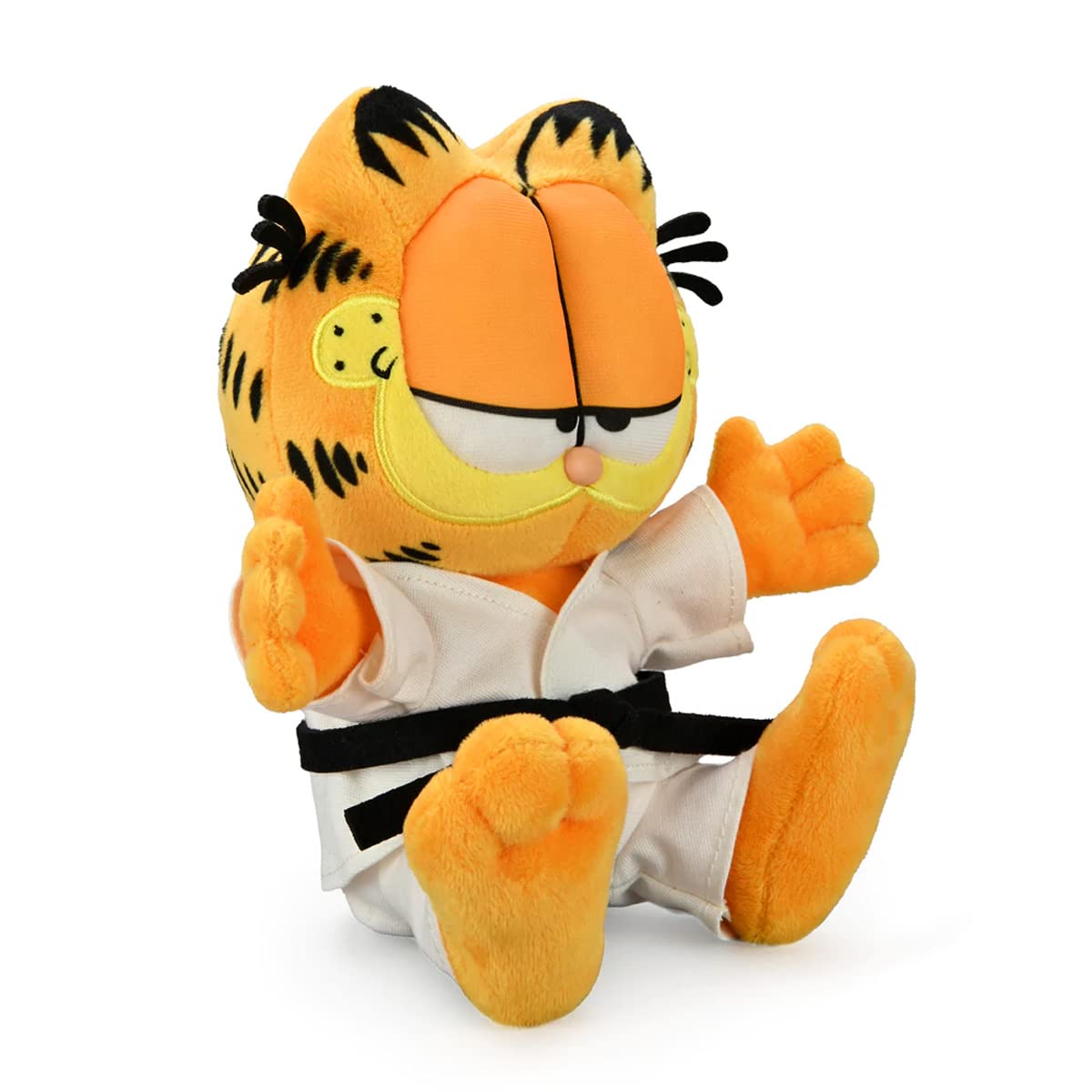 Kidrobot Garfield karate gi plush close-up, fabric texture and stitching details.